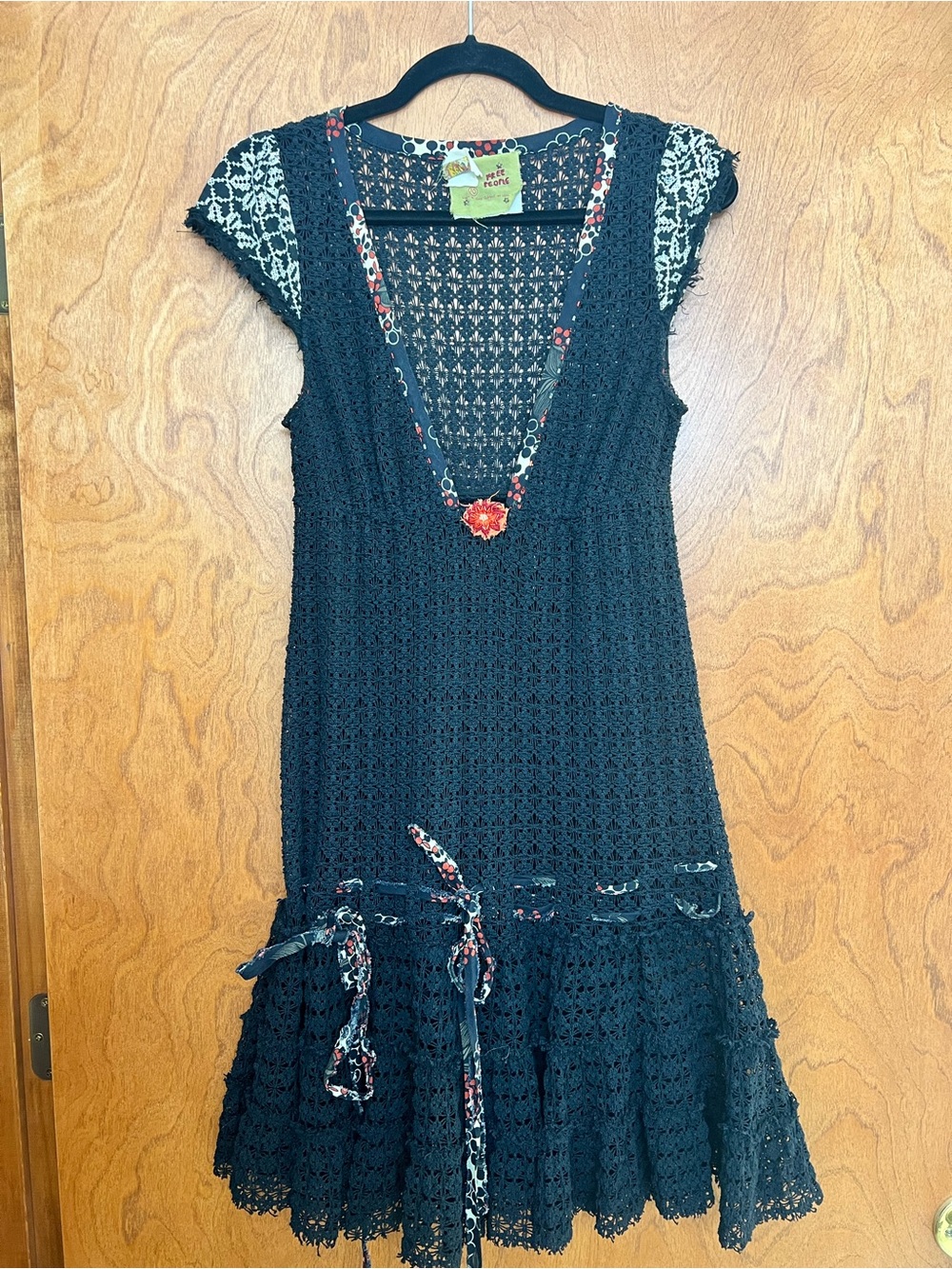 Free People Black Crochet Mini Dress with Floral Trim